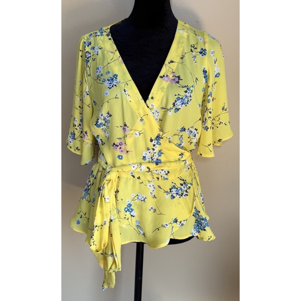 Loft Wrap Blouse Womens Petite Size S Yellow Floral Flutter Sleeve Boho Romantic